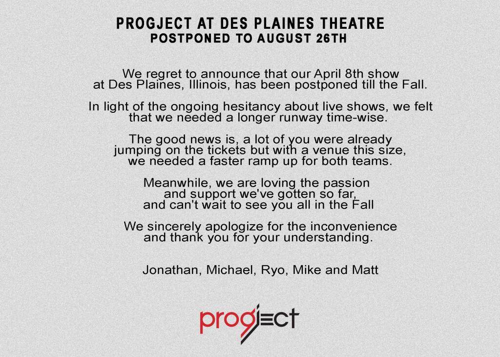 Des Plaines show postponed to August 26th